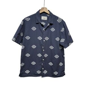 Folk Clothing Embroidered Short Sleeve Button Down‎ Shirt Mens Sz M Blue Aztec